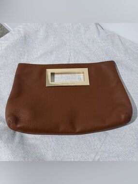 Michael Kors Chestnut Brown Leather Wristlet Clutch with Gold Trim